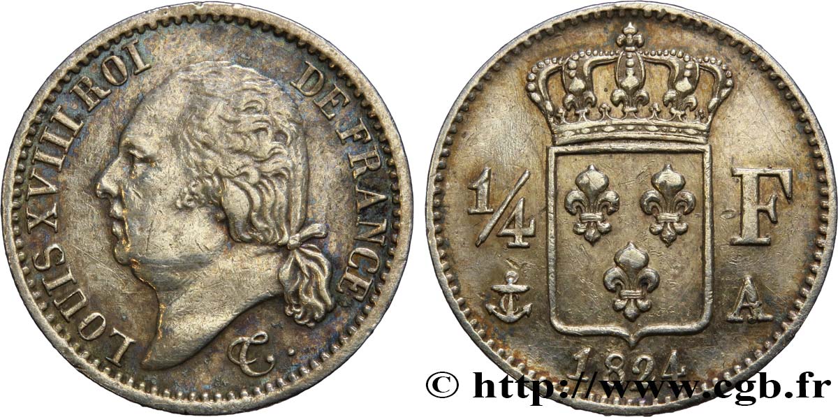 1/4 franc Louis XVIII  1824 Paris F.163/31 MBC50 