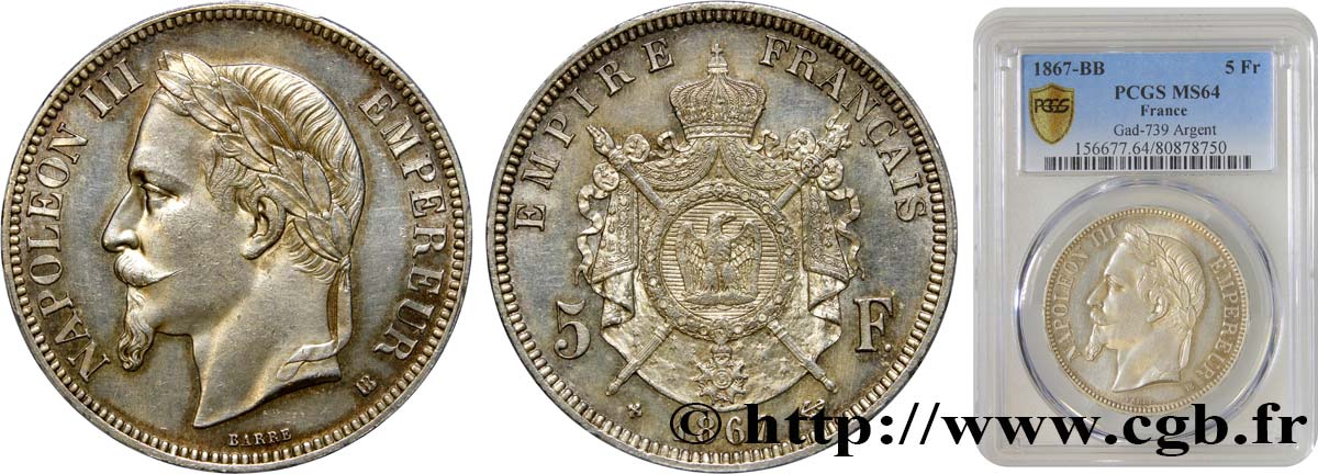 5 francs Napoléon III, tête laurée 1867 Strasbourg F.331/11 fST64 PCGS