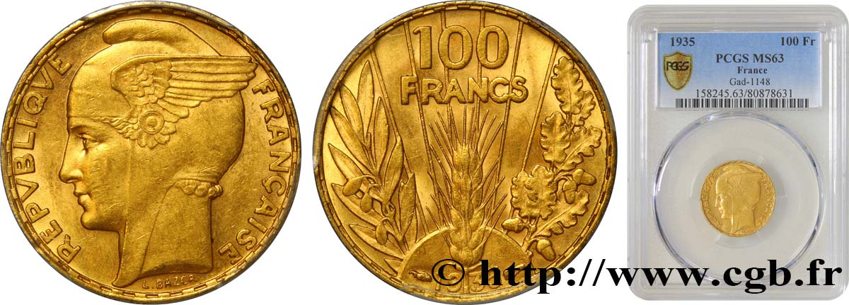 100 francs or, Bazor 1935 Paris F.554/6 SC63 PCGS