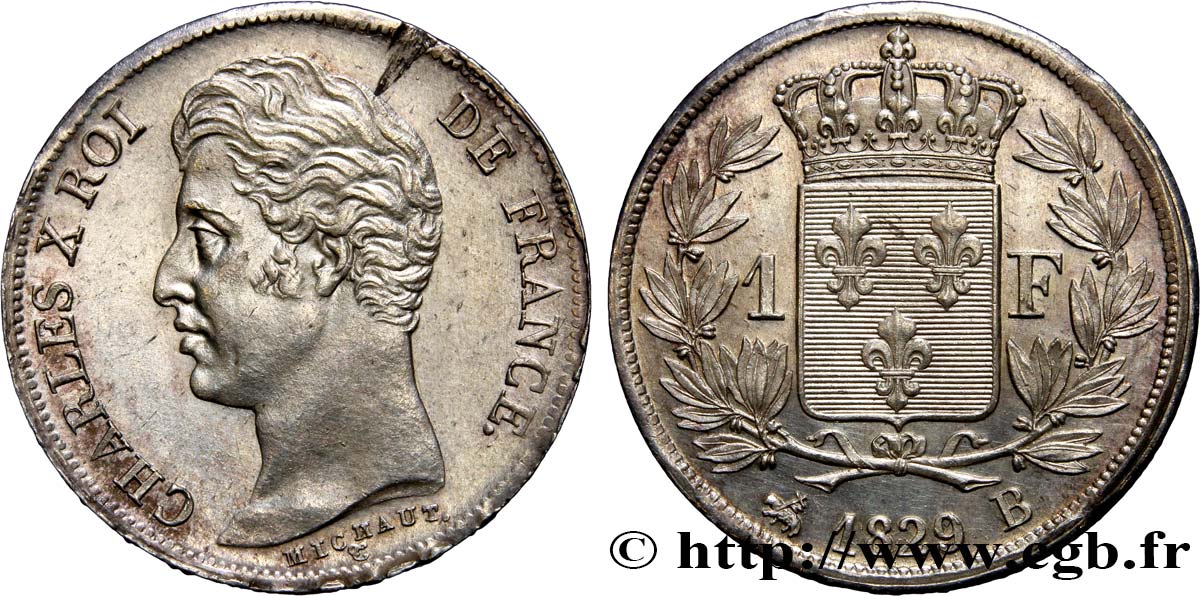 1 franc Charles X, matrice du revers à quatre feuilles 1829 Rouen F.207A/14 SPL+ 