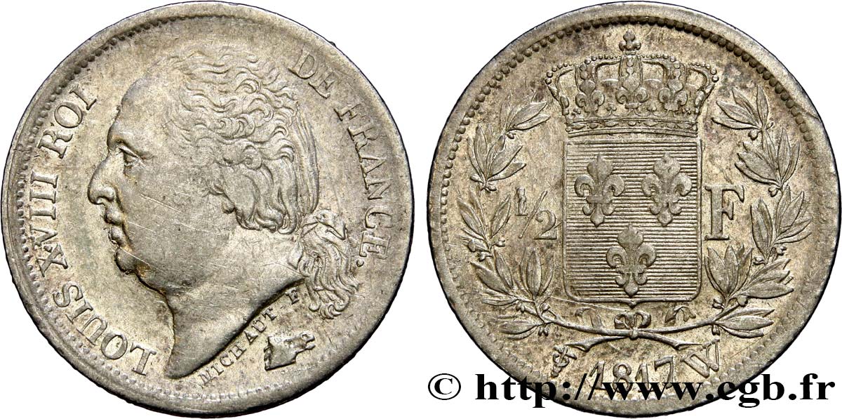 1/2 franc Louis XVIII 1817 Lille F.179/14 SS45 
