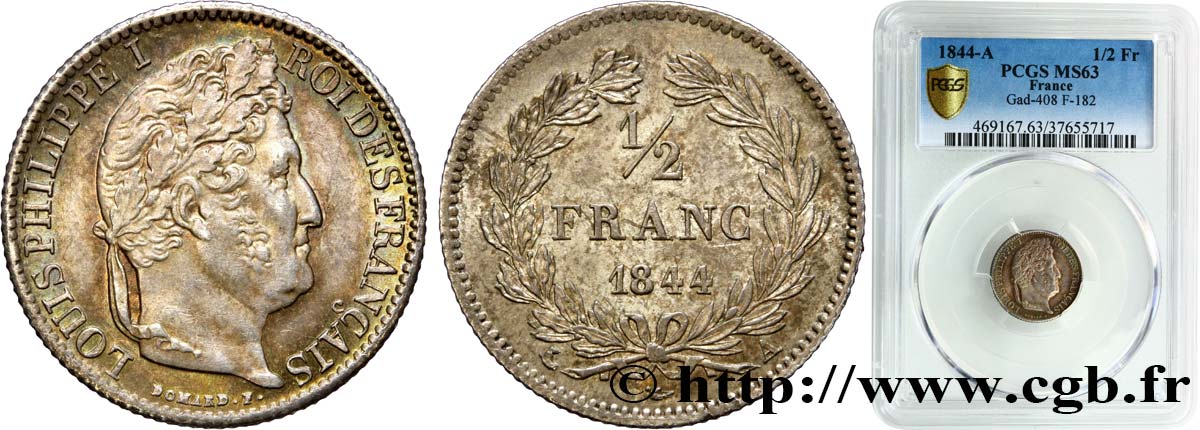 1/2 franc Louis-Philippe 1844 Paris F.182/103 fST63 PCGS