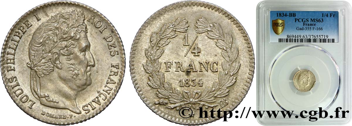 1/4 franc Louis-Philippe 1834 Strasbourg F.166/39 SC63 PCGS