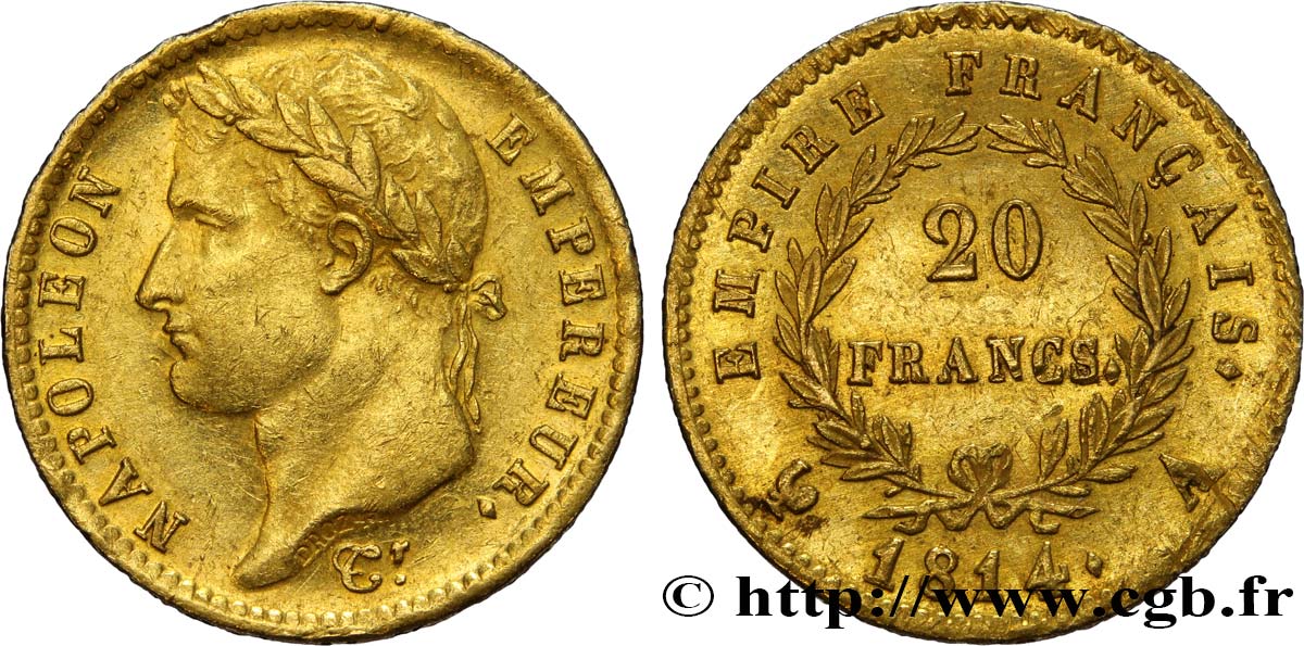 20 francs or Napoléon tête laurée, Empire français 1814 Paris F.516/39 MBC50 