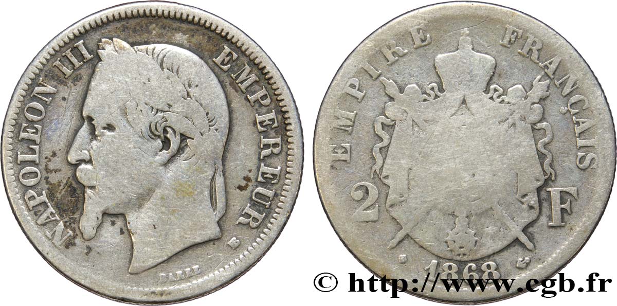 2 francs Napoléon III, tête laurée 1868 Strasbourg F.263/9 SGE8 