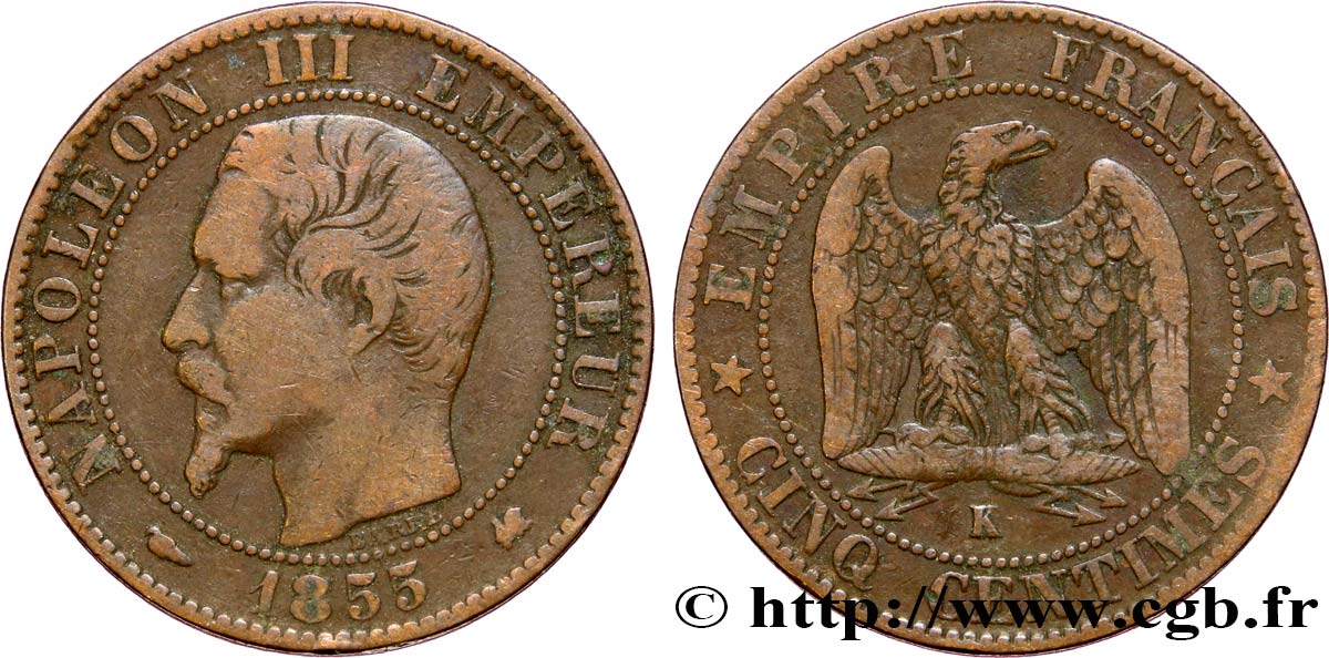 Cinq centimes Napoléon III, tête nue 1855 Bordeaux F.116/24 TB25 