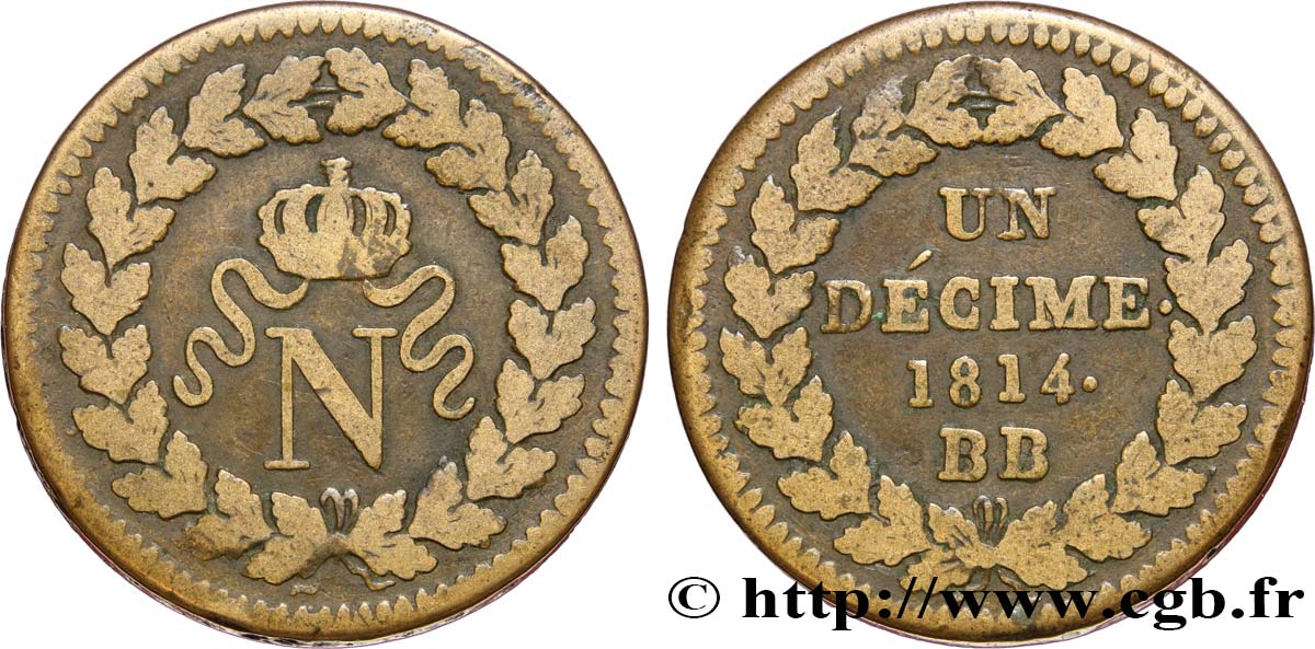Un décime à l’N couronnée 1814 Strasbourg F.131/3 TB25 