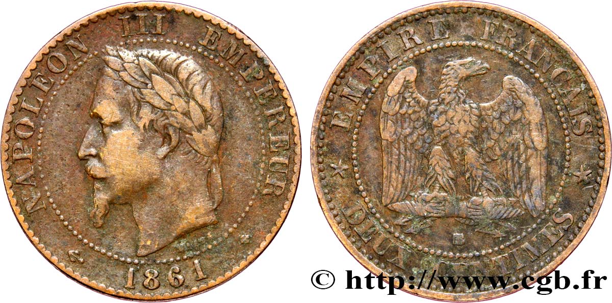Deux centimes Napoléon III, tête laurée 1861 Strasbourg F.108/2 TTB40 