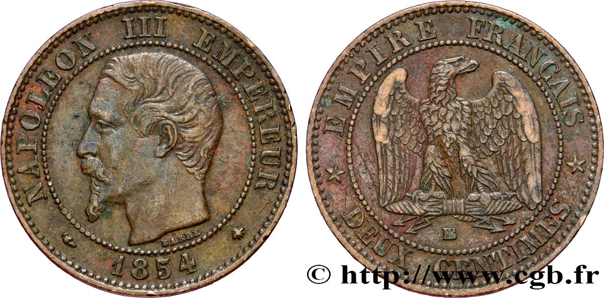 Deux centimes Napoléon III, tête nue 1854 Strasbourg F.107/11 XF40 