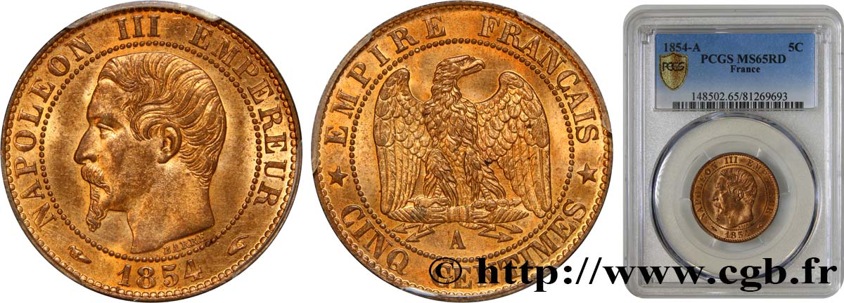 Cinq centimes Napoléon III, tête nue 1854 Paris F.116/8 FDC65 PCGS