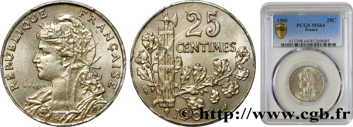 25 centimes Patey, 2e type 1905  F.169/3 SC64 PCGS