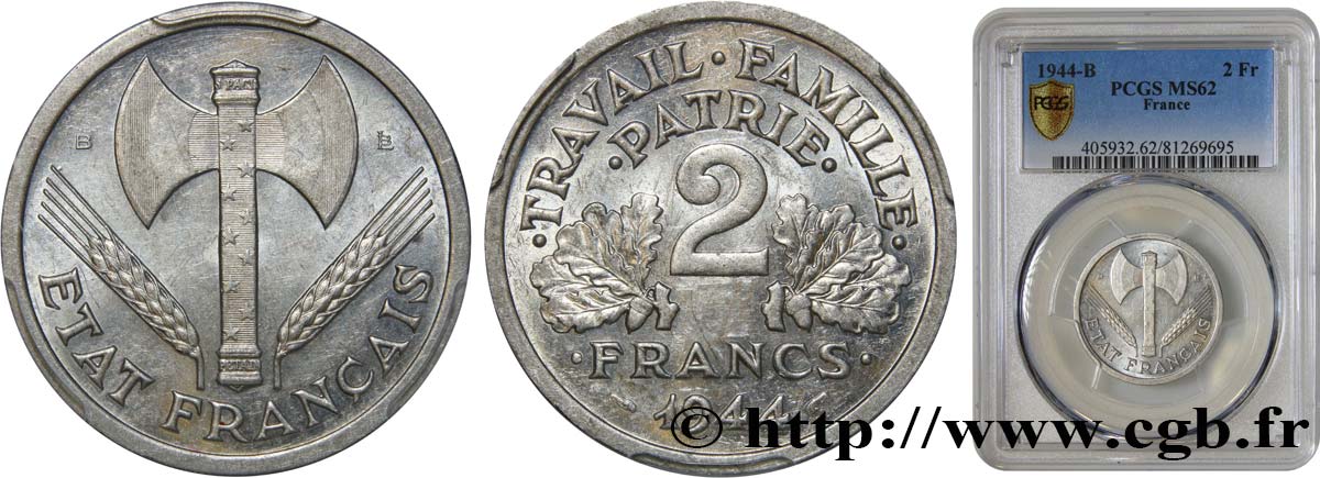 2 francs Francisque 1944 Beaumont-Le-Roger F.270/5 SUP62 PCGS