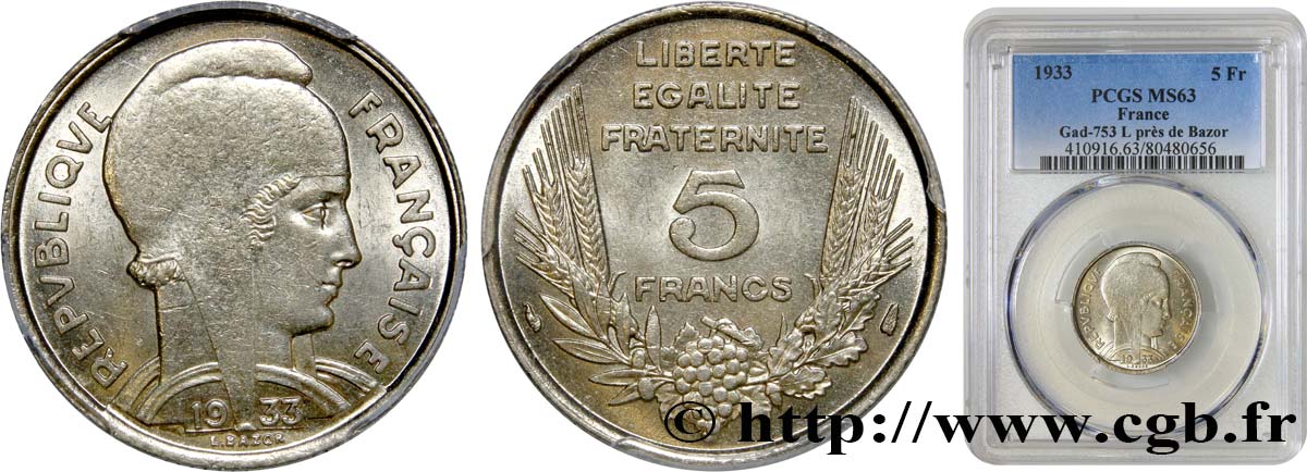 5 francs Bazor 1933  F.335/3 SC63 PCGS