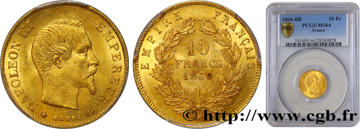 10 francs or Napoléon III, tête nue 1860 Strasbourg F.506/11 fST64 PCGS