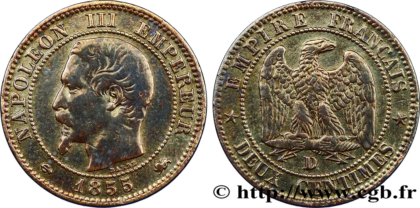 Deux centimes Napoléon III, tête nue 1855 Lyon F.107/27 TB30 