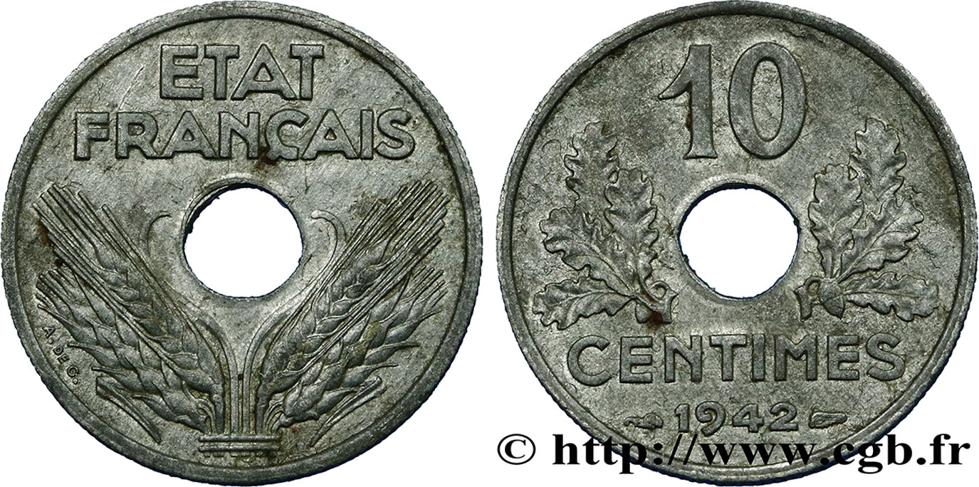 10 centimes État français, grand module 1942  F.141/4 AU58 