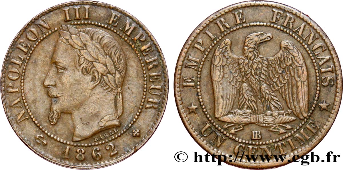 Un centime Napoléon III, tête laurée 1862 Strasbourg F.103/5 TTB45 
