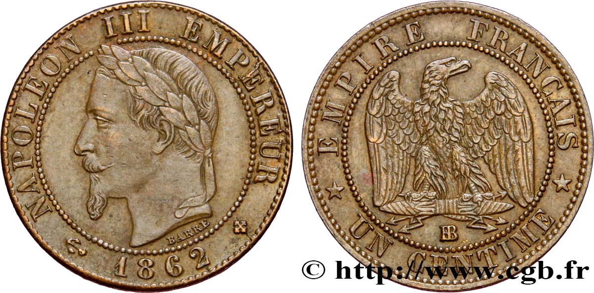 Un centime Napoléon III, tête laurée 1862 Strasbourg F.103/5 TTB48 