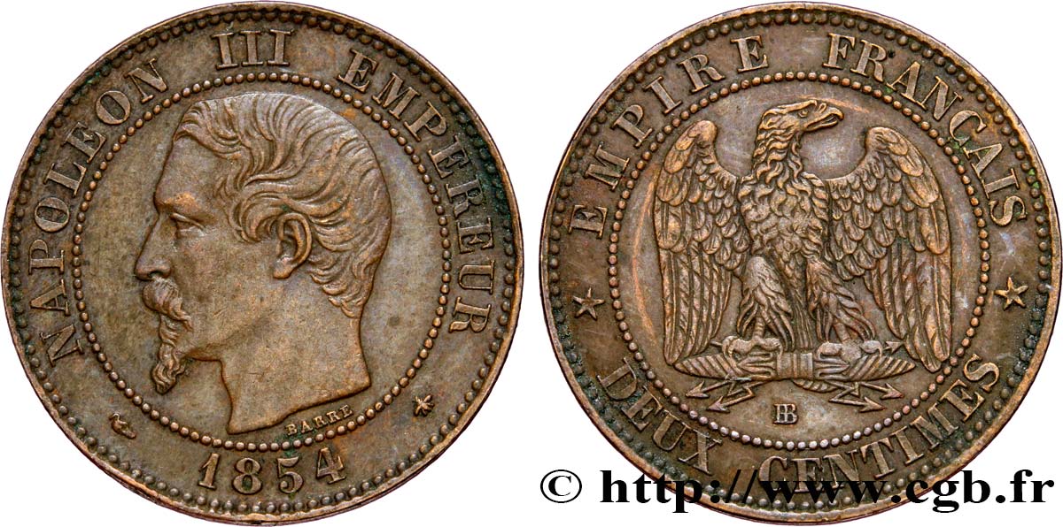 Deux centimes Napoléon III, tête nue 1854 Strasbourg F.107/11 XF48 