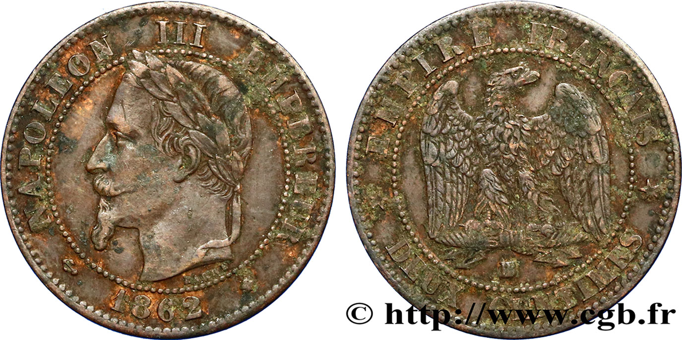 Deux centimes Napoléon III, tête laurée 1862 Strasbourg F.108A/6 XF40 