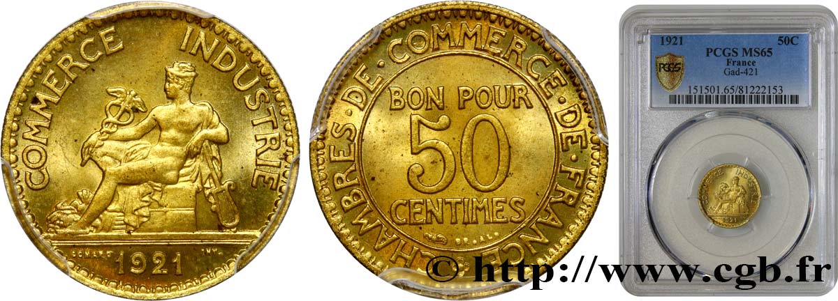 50 centimes Chambres de Commerce 1921 Paris F.191/3 FDC65 PCGS