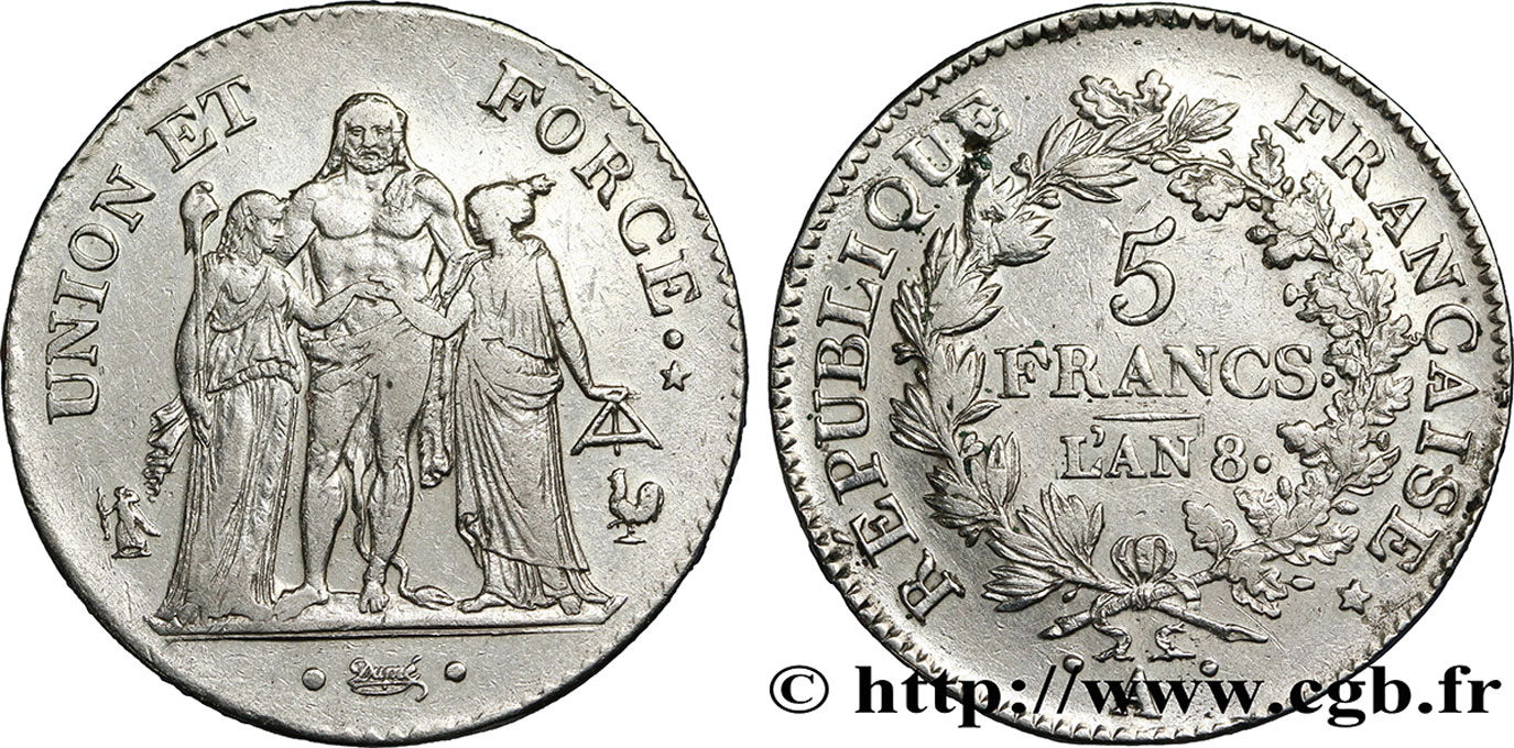 5 francs Union et Force, Union serré, avec glands intérieurs et gland extérieur 1800 Paris F.288/126 BB48 