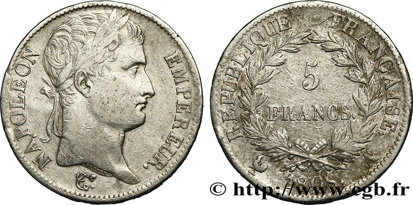 5 francs Napoléon Empereur, République française, tranche fautée 1808 Paris F.306/2 TB35 