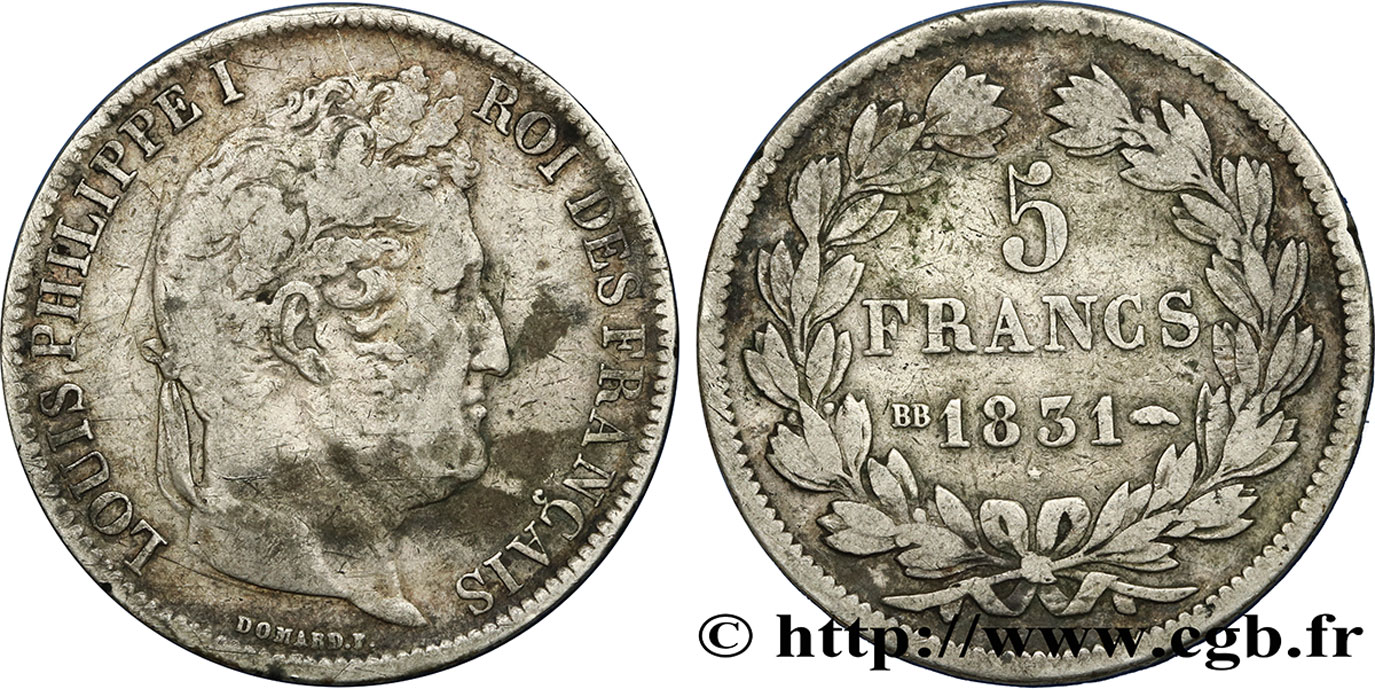 5 francs Ier type Domard, tranche en relief 1831 Strasbourg F.320/3 TB28 