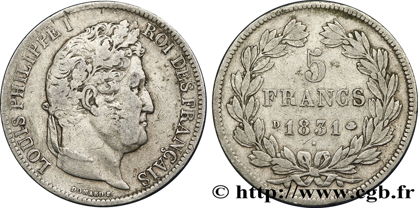 5 francs Ier type Domard, tranche en creux 1831 Lyon F.319/2 S35 
