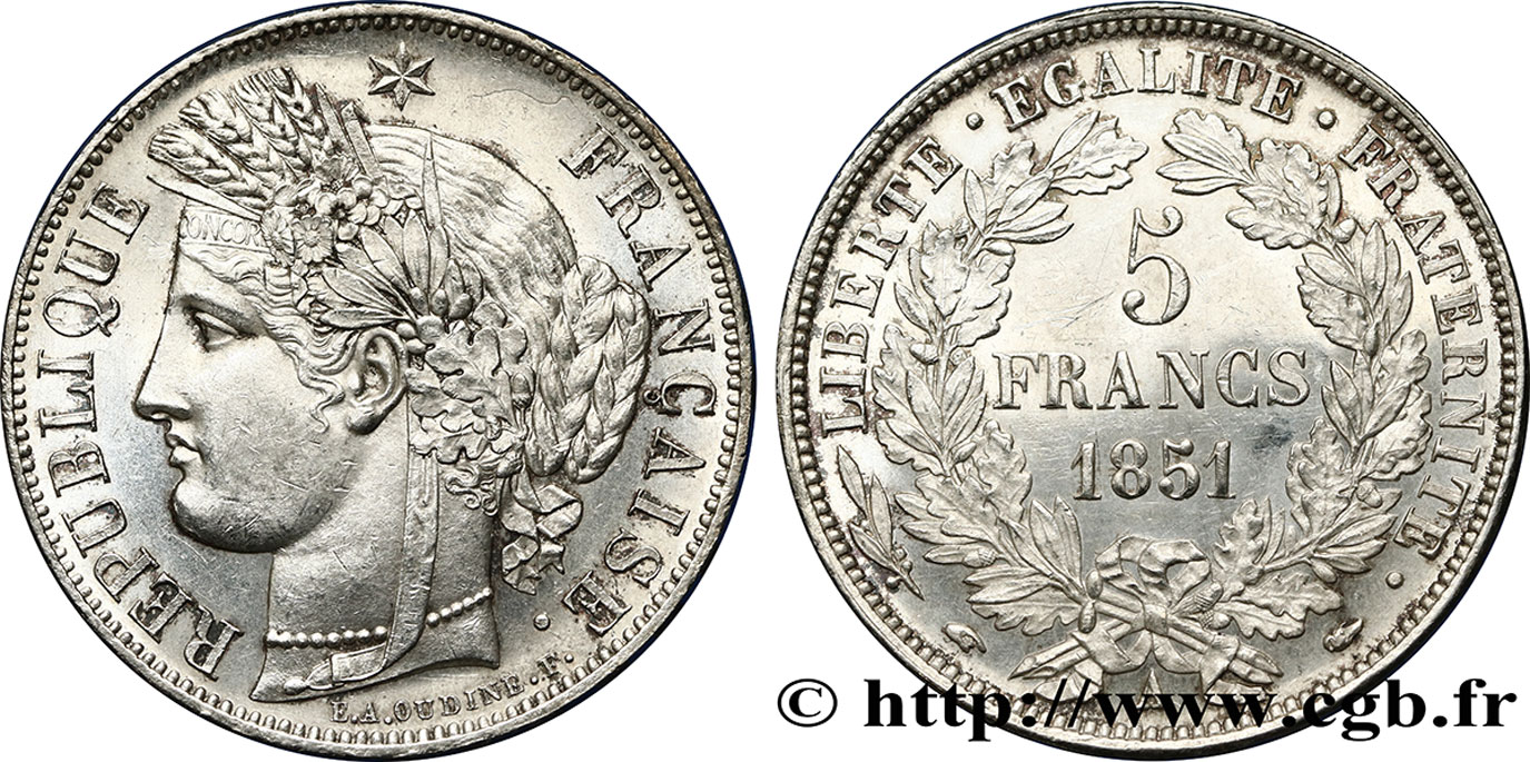 5 francs Cérès, IIe République 1851 Paris F.327/7 EBC62 