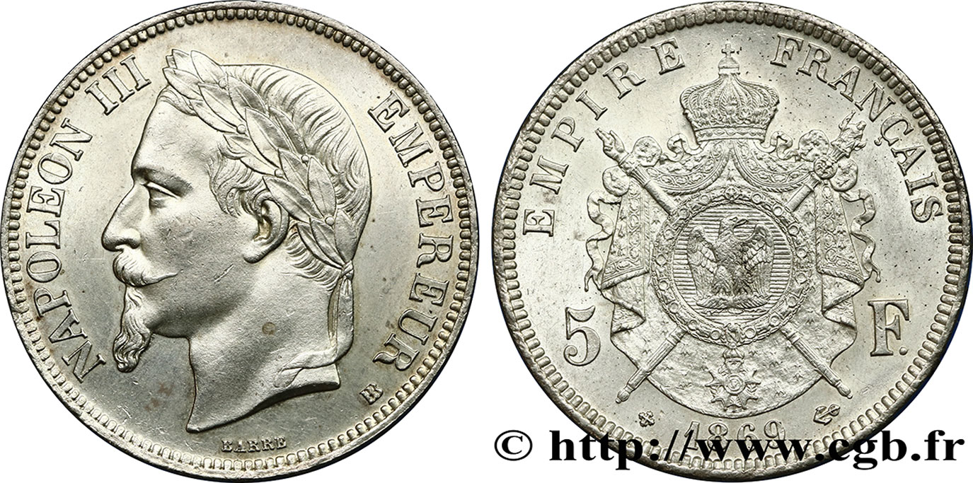 5 francs Napoléon III, tête laurée 1869 Strasbourg F.331/15 SUP55 