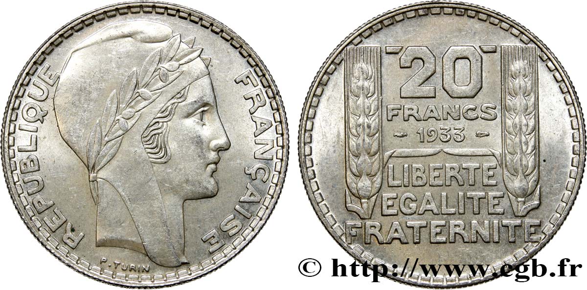 20 francs Turin, rameaux courts 1933  F.400/4 SPL55 