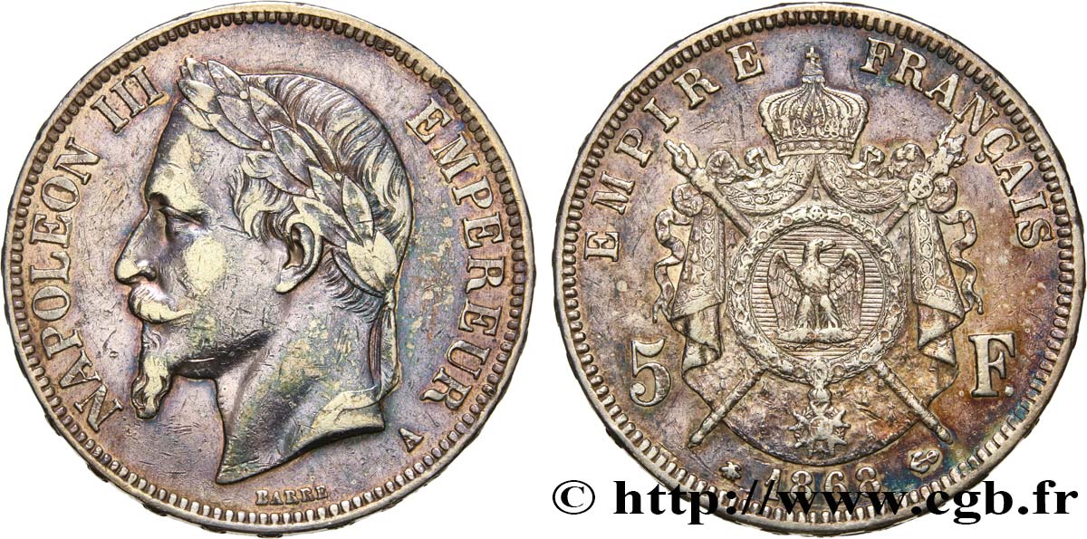 5 francs Napoléon III, tête laurée 1868 Paris F.331/12 TB35 