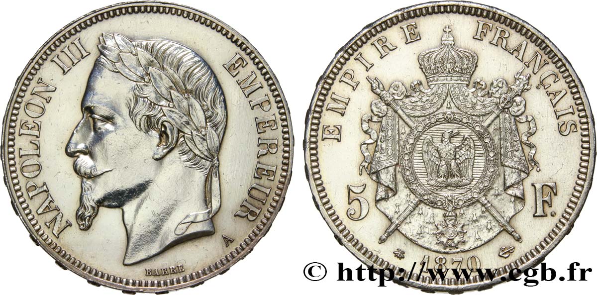 5 francs Napoléon III, tête laurée 1870 Paris F.331/16 SUP 