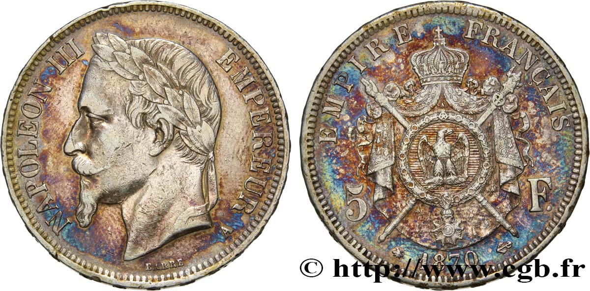 5 francs Napoléon III, tête laurée 1870 Paris F.331/16 VF30 
