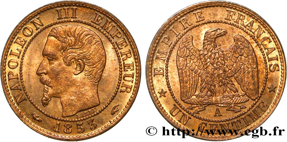 Un centime Napoléon III, tête nue 1853 Paris F.102/1 MS63 