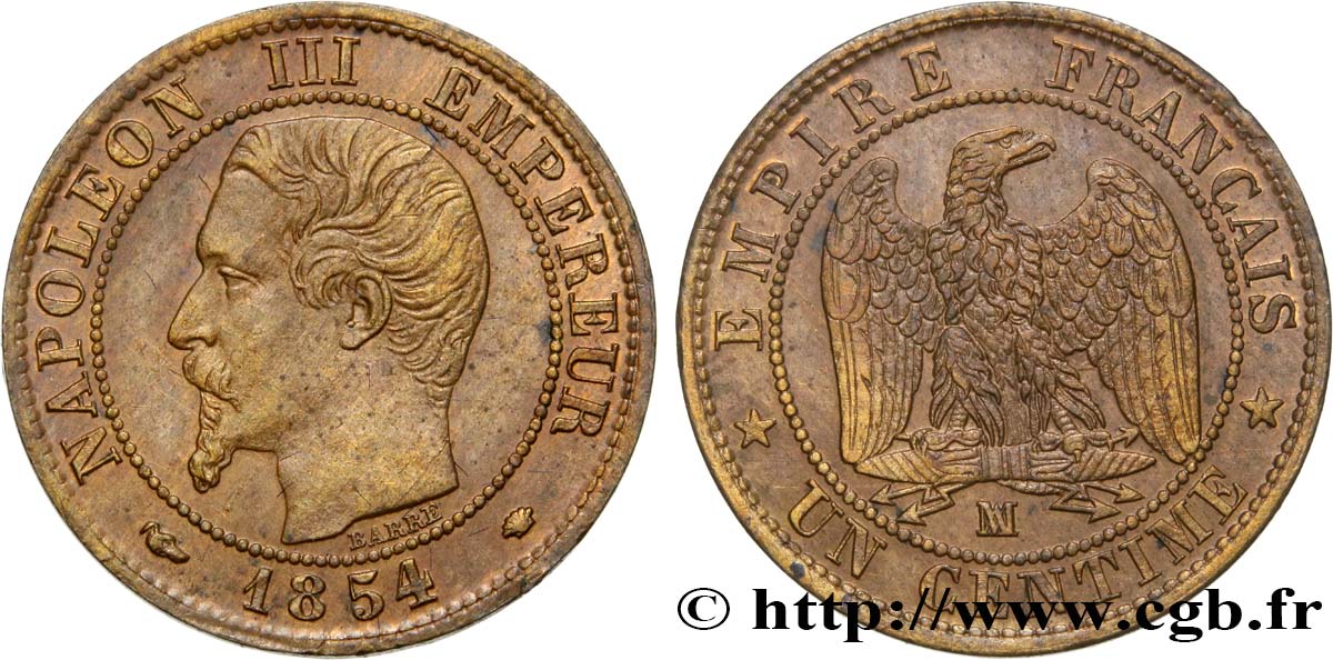Un centime Napoléon III, tête nue 1854 Marseille F.102/14 AU55 
