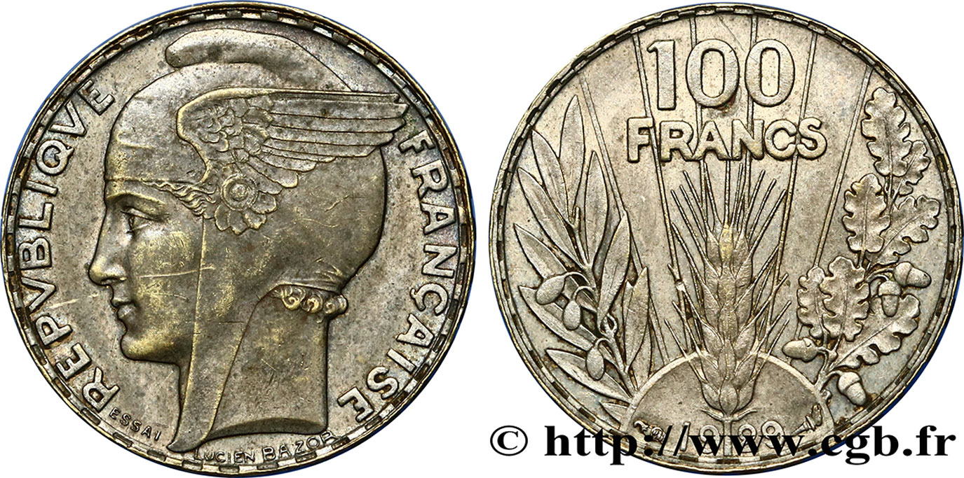 Concours de 100 francs or, essai de Bazor en bronze-aluminium 1929 Paris GEM.288 7 SUP 