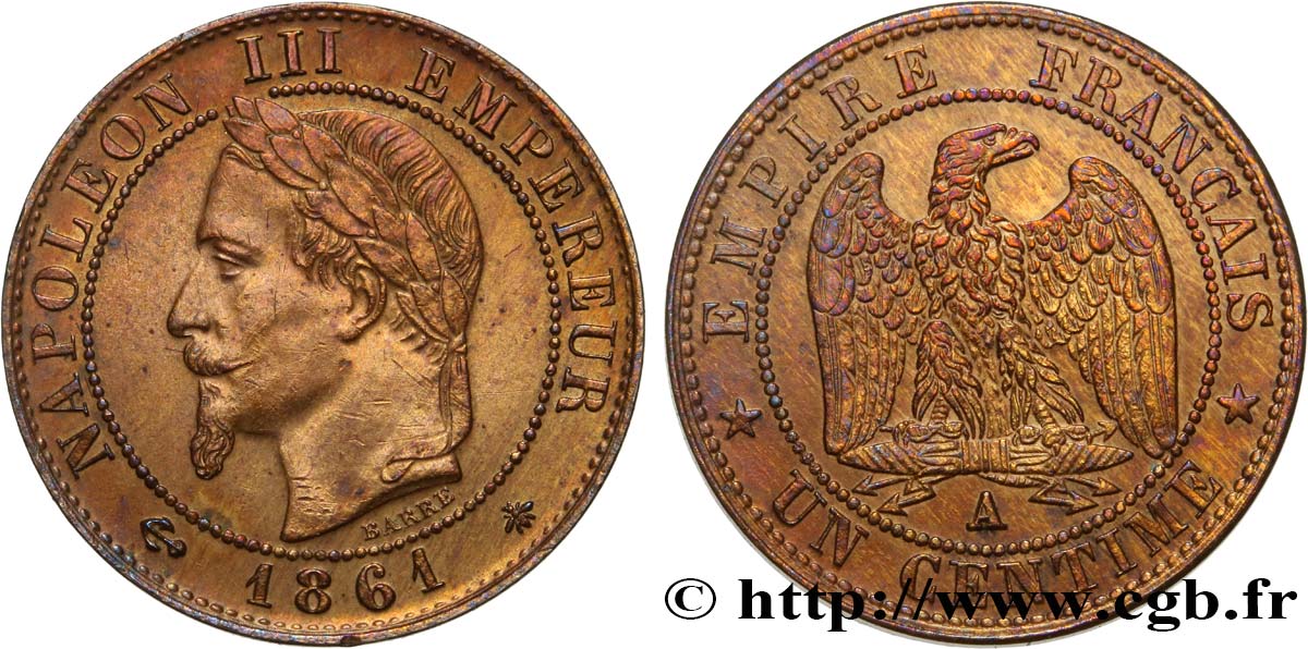 Un centime Napoléon III, tête laurée 1861 Paris F.103/1 SUP55 