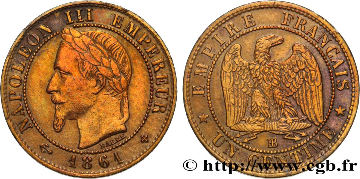 Un centime Napoléon III, tête laurée 1861 Strasbourg F.103/2 BB45 