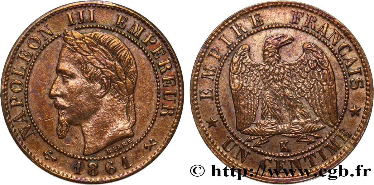 Un centime Napoléon III, tête laurée 1861 Bordeaux F.103/3 XF40 