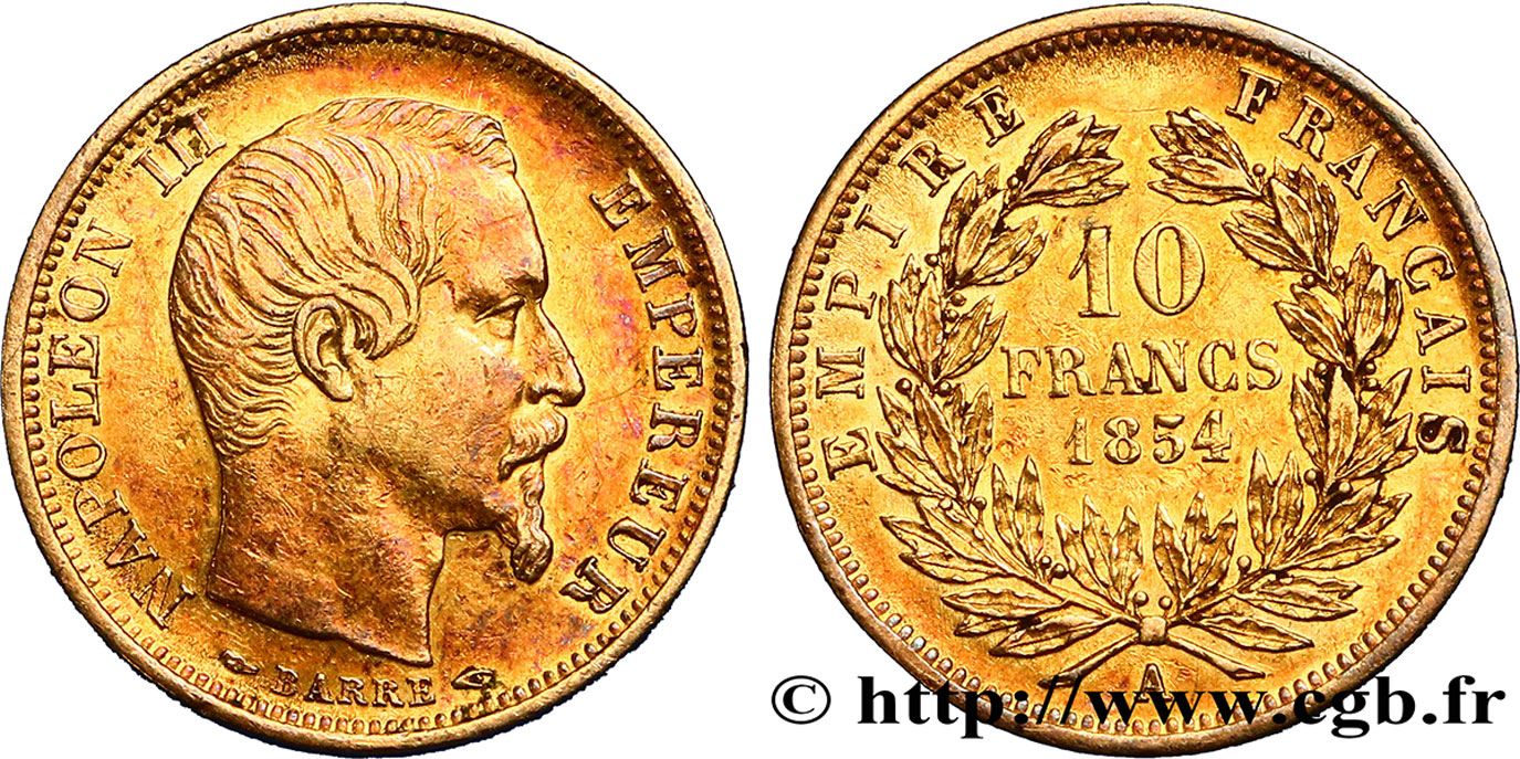 10 francs or Napoléon III tête nue, petit module, tranche lisse 1854 Paris F.505/1 TTB50 