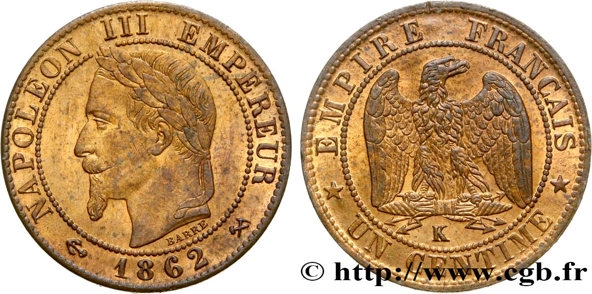 Un centime Napoléon III, tête laurée 1862 Bordeaux F.103/7 SUP58 