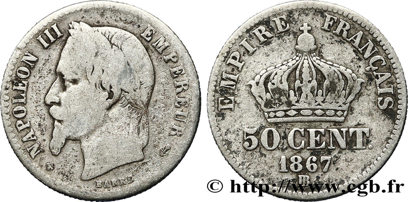 50 centimes Napoléon III, tête laurée 1867 Strasbourg F.188/16 SGE12 
