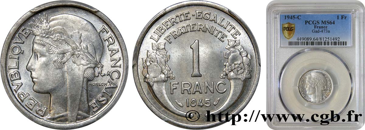 1 franc Morlon, légère 1945 Castelsarrasin F.221/8 fST64 PCGS