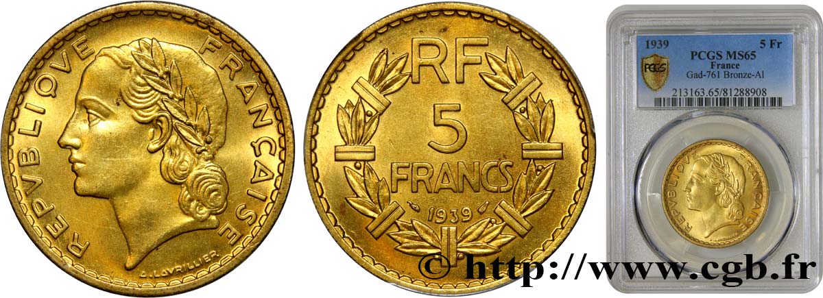 5 francs Lavrillier, bronze-aluminium 1939  F.337/3 MS65 PCGS
