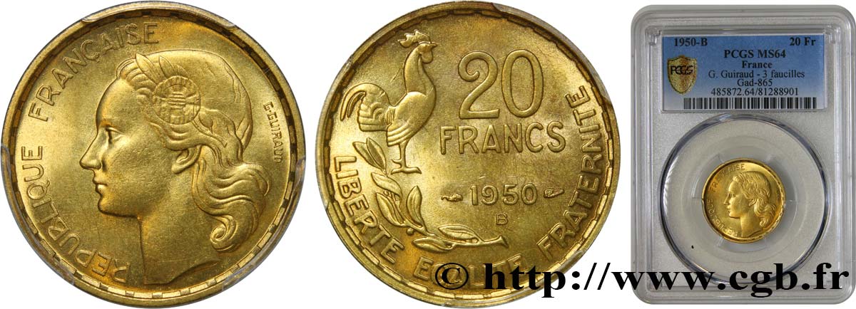 20 francs G. Guiraud, 3 faucilles 1950 Beaumont-Le-Roger F.402/5 MS64 PCGS