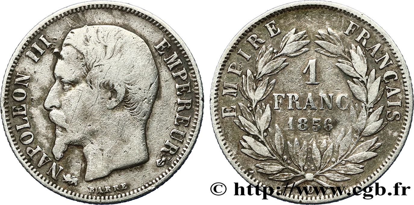1 franc Napoléon III, tête nue 1856 Lyon F.214/8 MB20 