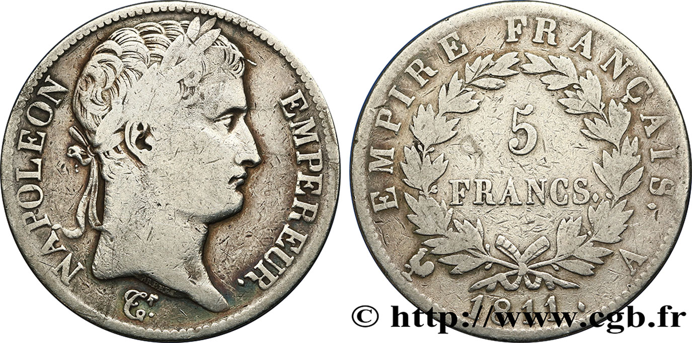 5 francs Napoléon Empereur, Empire français 1811 Paris F.307/27 MB20 