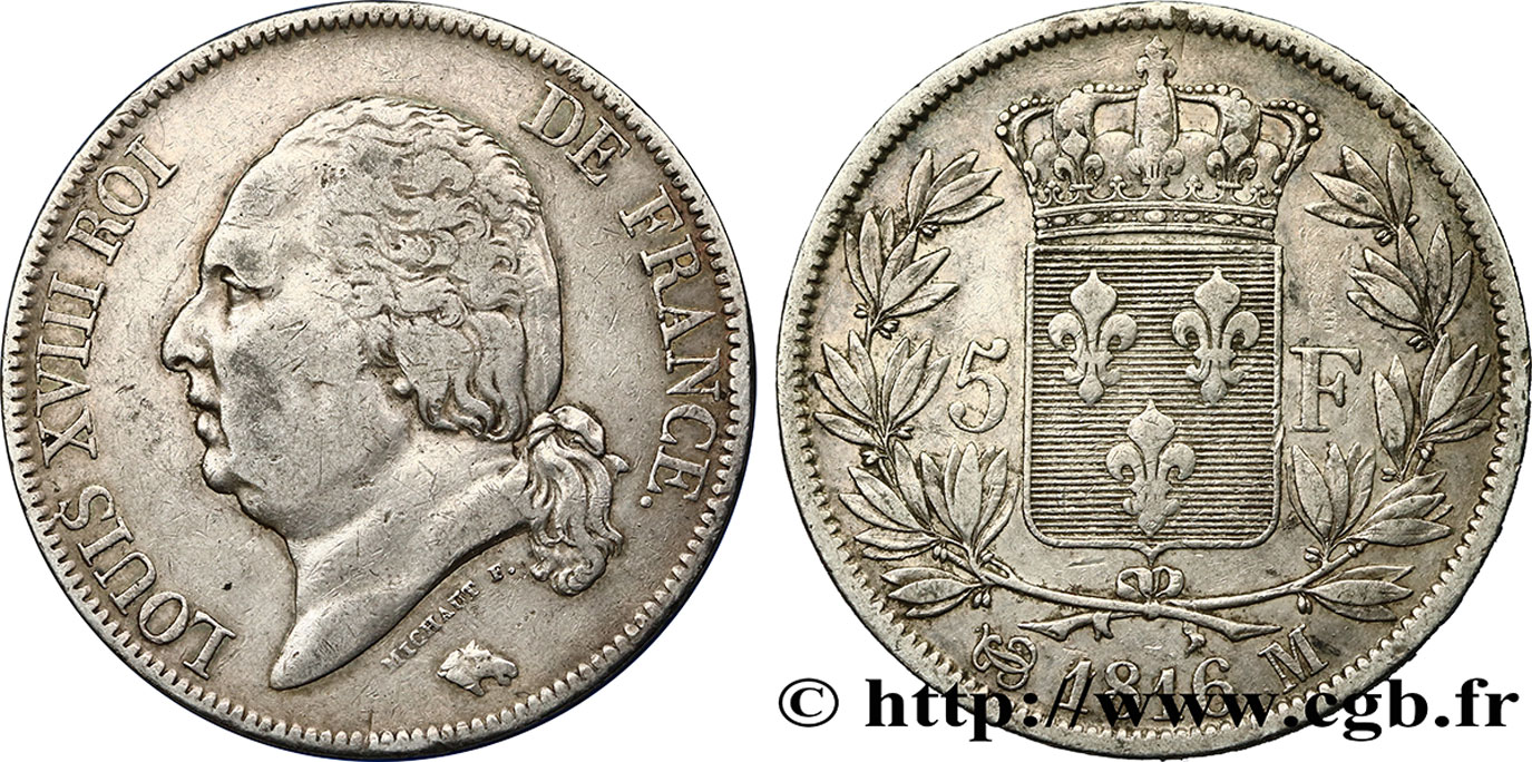 5 francs Louis XVIII, tête nue 1816 Toulouse F.309/9 TB35 